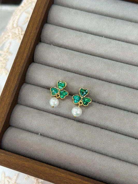 925 Silver Three-Leaf Clover Pearl Earrings, Intangible Cultural Heritage Inlay Craft