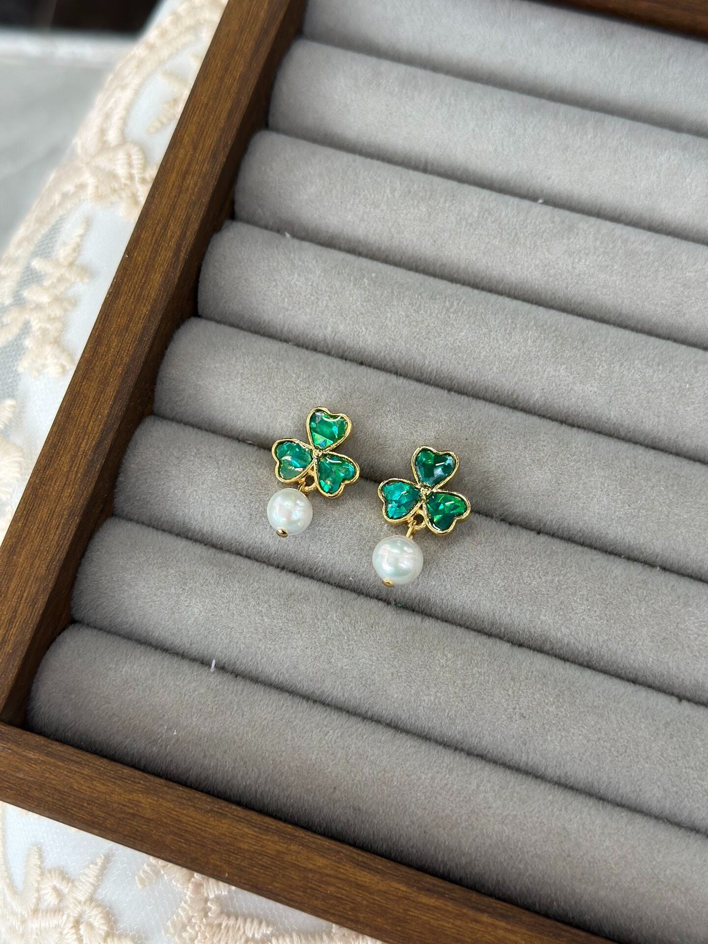 925 Silver Three-Leaf Clover Pearl Earrings, Intangible Cultural Heritage Inlay Craft