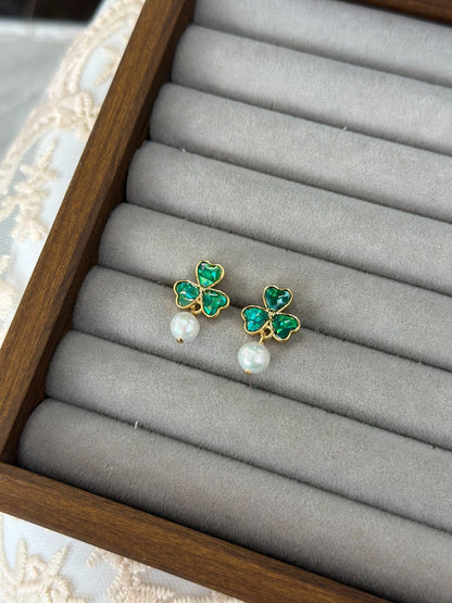 925 Silver Three-Leaf Clover Pearl Earrings, Intangible Cultural Heritage Inlay Craft
