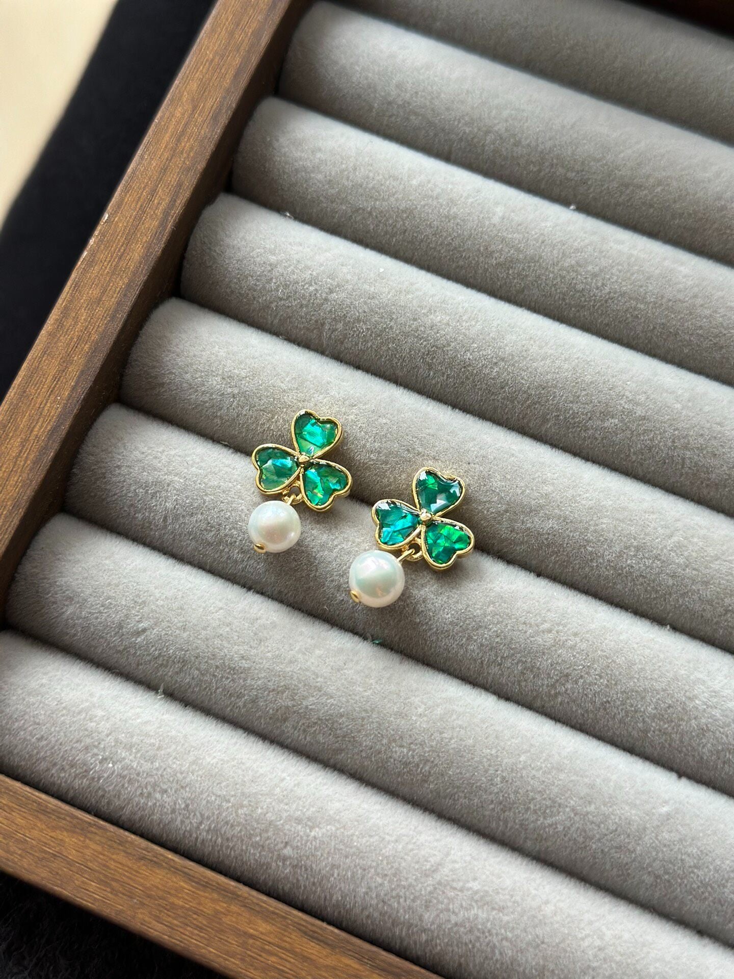 925 Silver Three-Leaf Clover Pearl Earrings, Intangible Cultural Heritage Inlay Craft