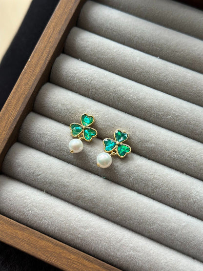 925 Silver Three-Leaf Clover Pearl Earrings, Intangible Cultural Heritage Inlay Craft