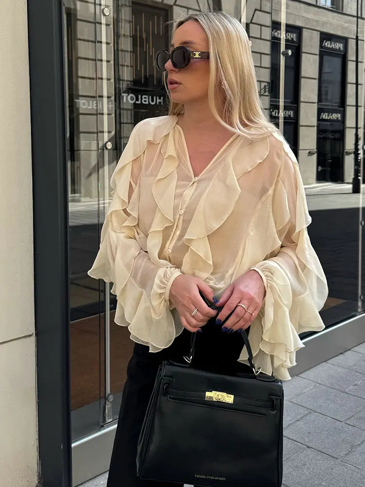 Blouse Femme Transparente à Volants avec Col V Chic