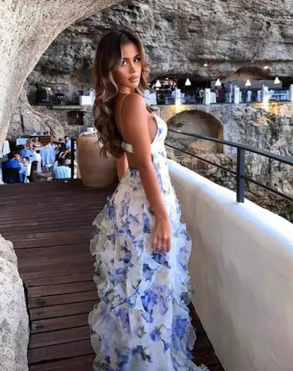 Robe Longue Évasée à Épaules Dénudées et Imprimé Fleuri
