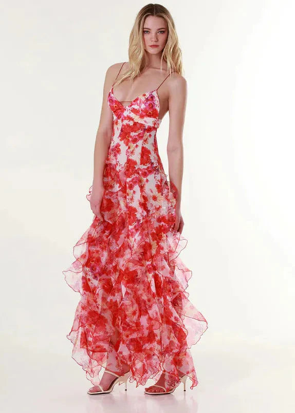 Robe Longue Chic Rouge a Volants