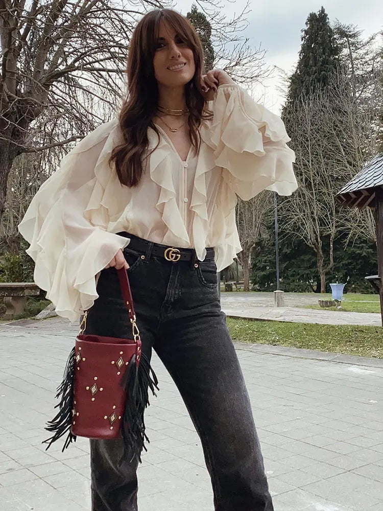 Blouse Femme Transparente à Volants avec Col V Chic