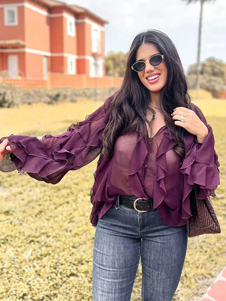 Blouse Femme Transparente à Volants avec Col V Chic