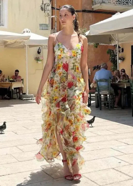 Robe Longue Évasée à Épaules Dénudées et Imprimé Fleuri