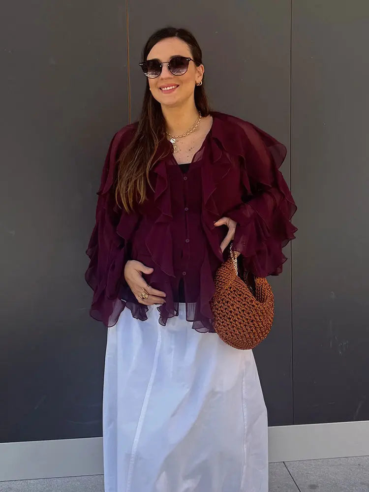 Blouse Femme Transparente à Volants avec Col V Chic