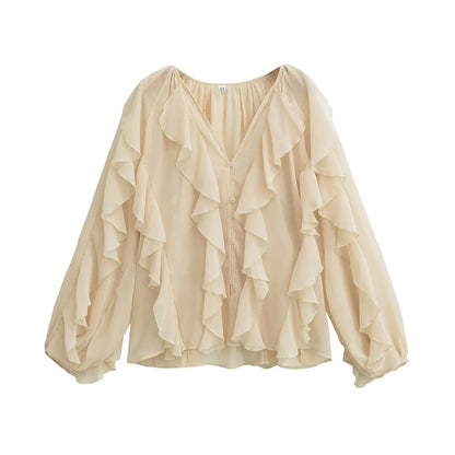 Blouse Femme Transparente à Volants avec Col V Chic
