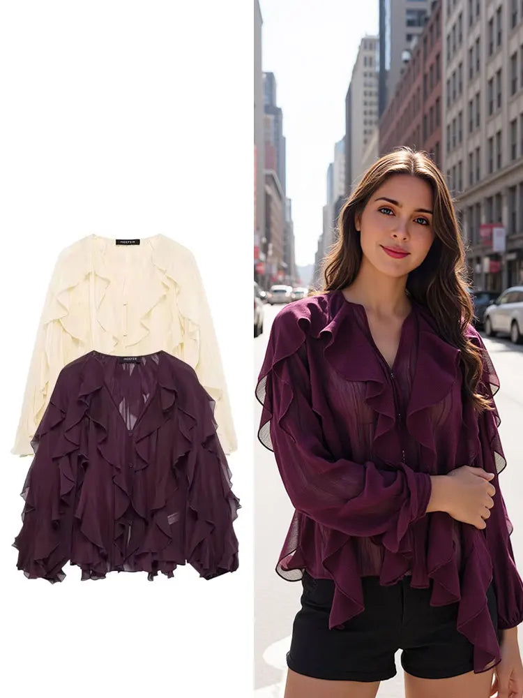 Blouse Femme Transparente à Volants avec Col V Chic