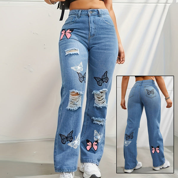 pantalon en denim déchiré à imprimé papillons 🦋