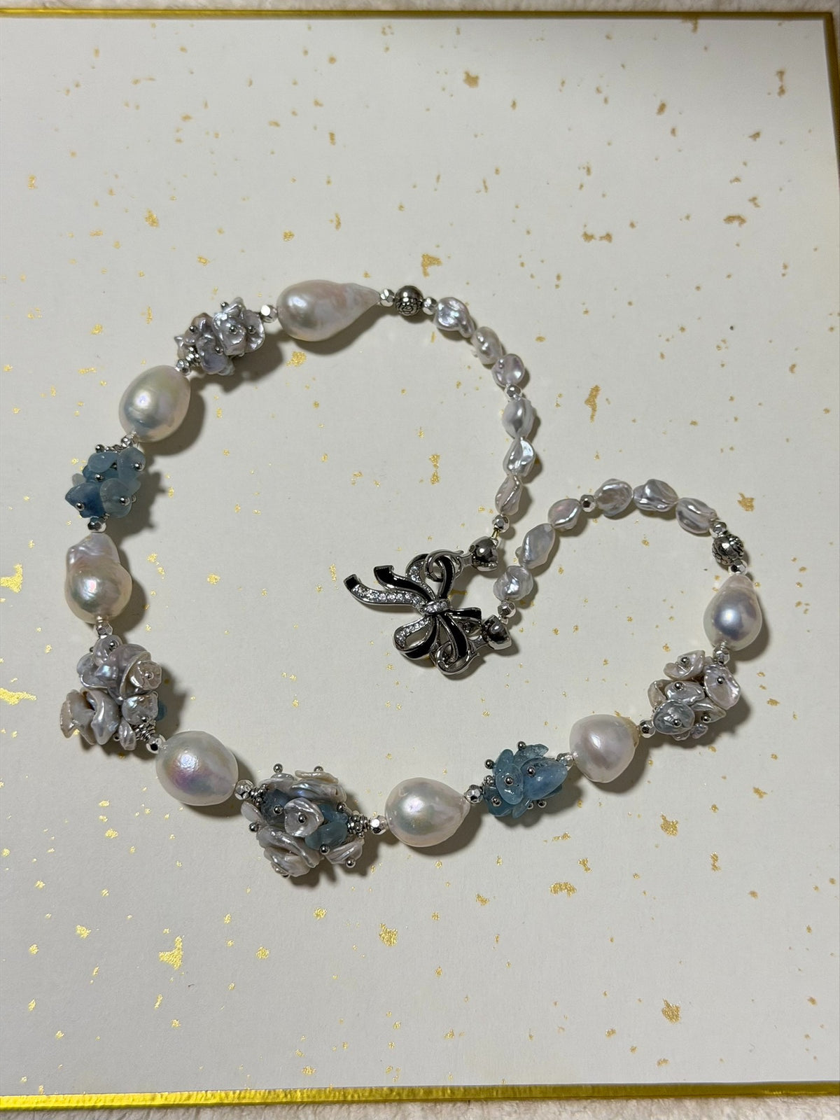 Aquamarine Pearl Floral Design Necklace