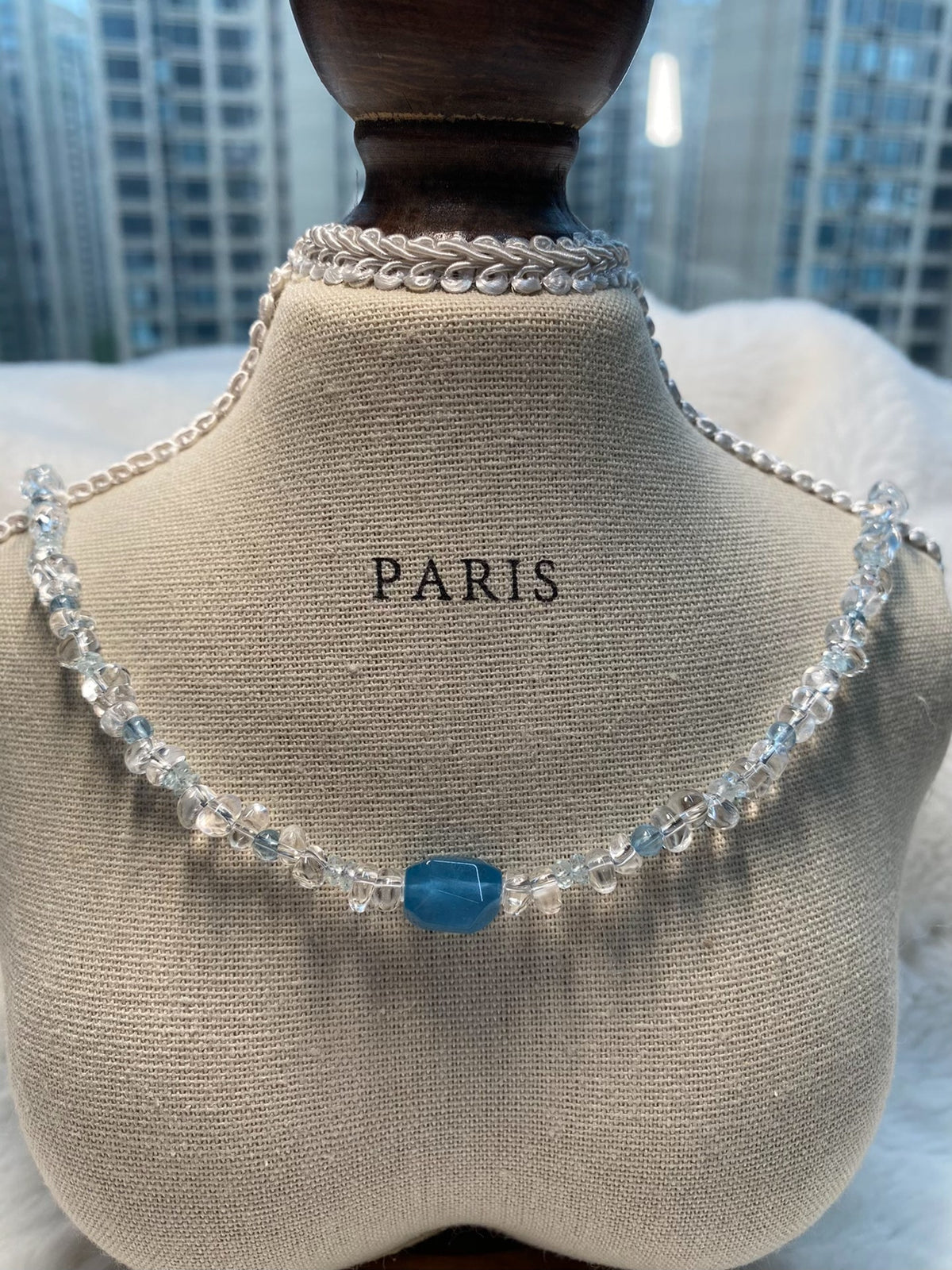 White Crystal Aquamarine Necklace Silver Clasp