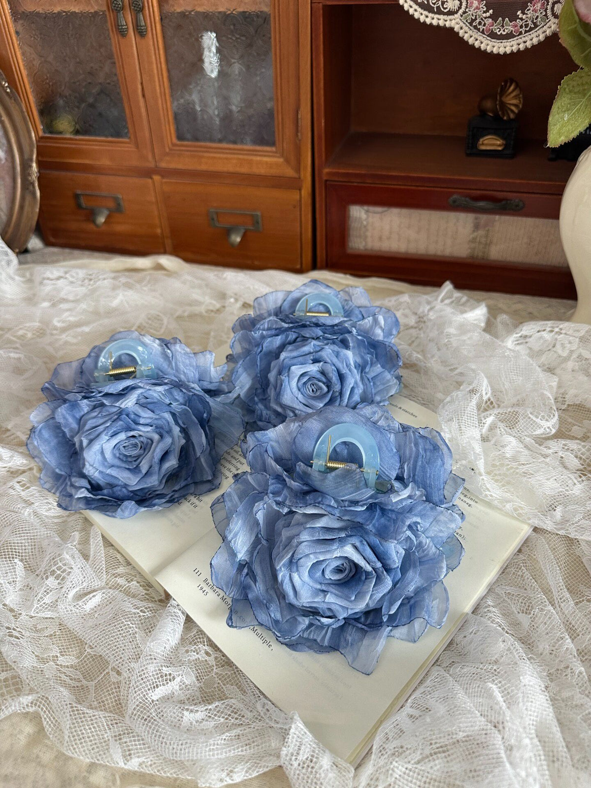 Handcrafted Monet Blue Fabric Rose Hair Claw