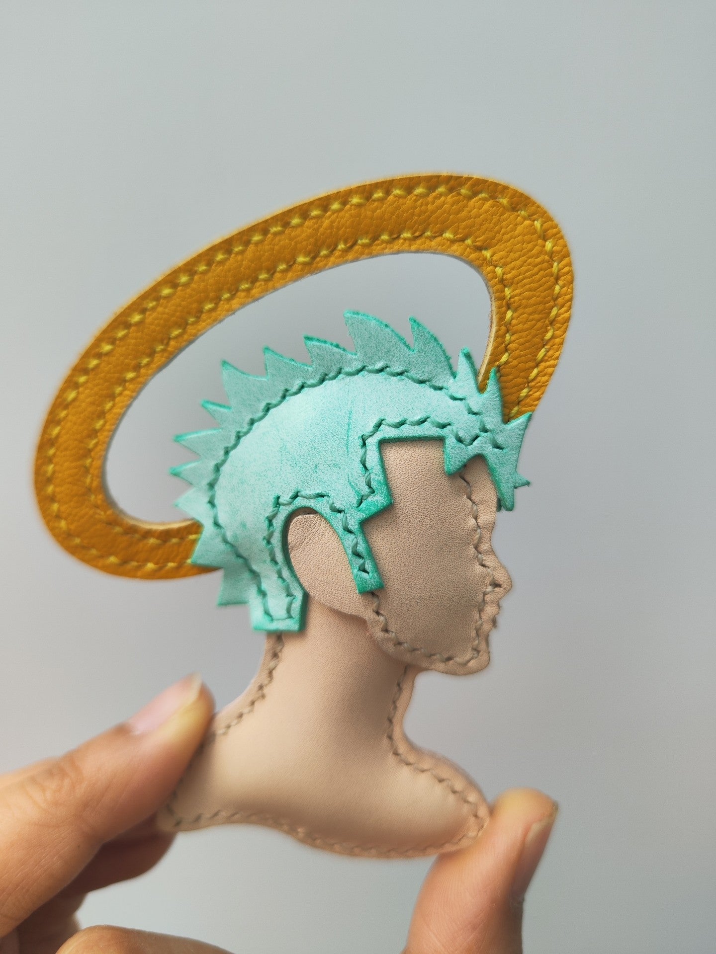 Handmade Leather Profile Charm with Teal Hair and Yellow Strap