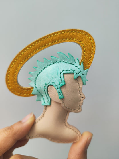 Handmade Leather Profile Charm with Teal Hair and Yellow Strap