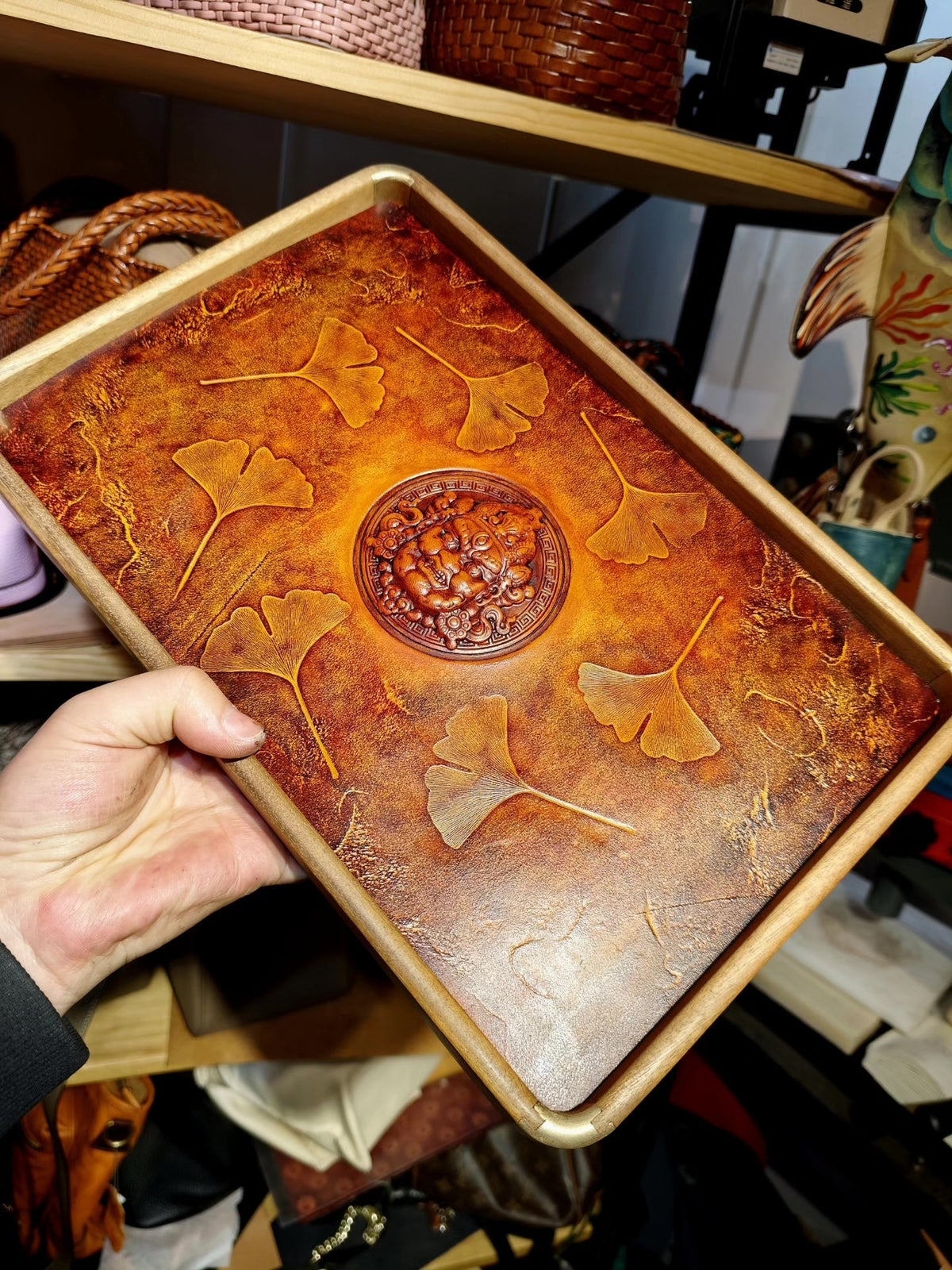 Cowhide Decorative Tray with Wealth God Relief