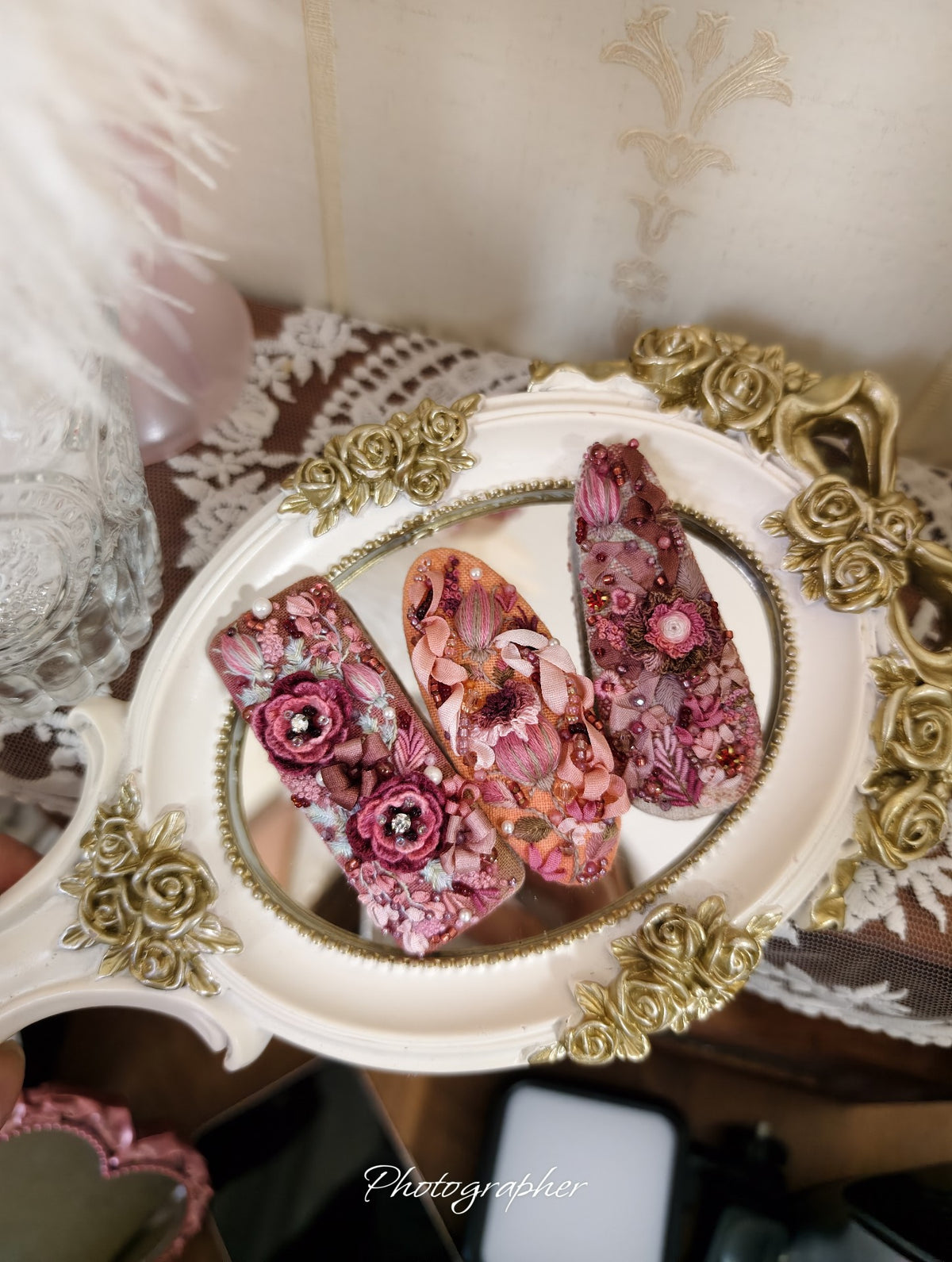 Handmade Embroidered Floral Hair Clips Set