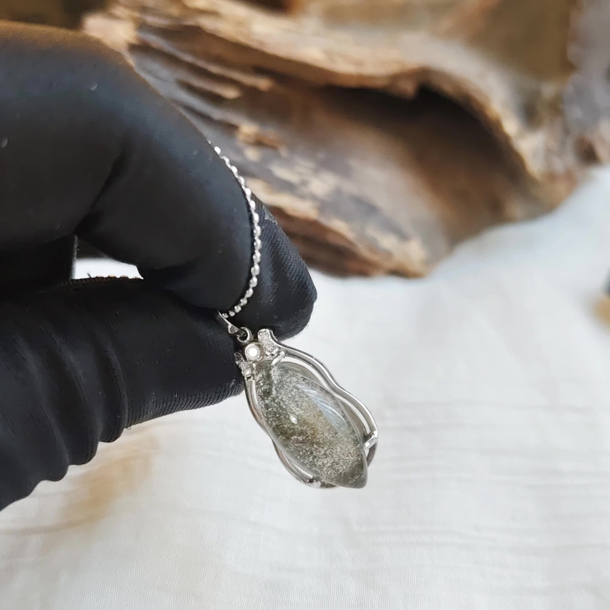 Deep Green Phantom Quartz Silver Pendant Necklace