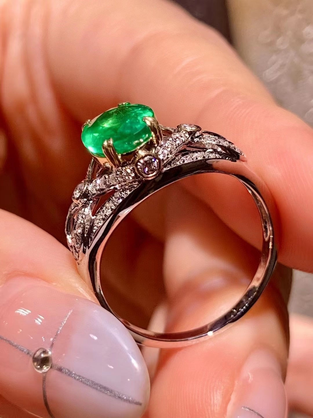 18K Gold Two-Tone Emerald and Diamond Ring, 1.51ct Oval Emerald