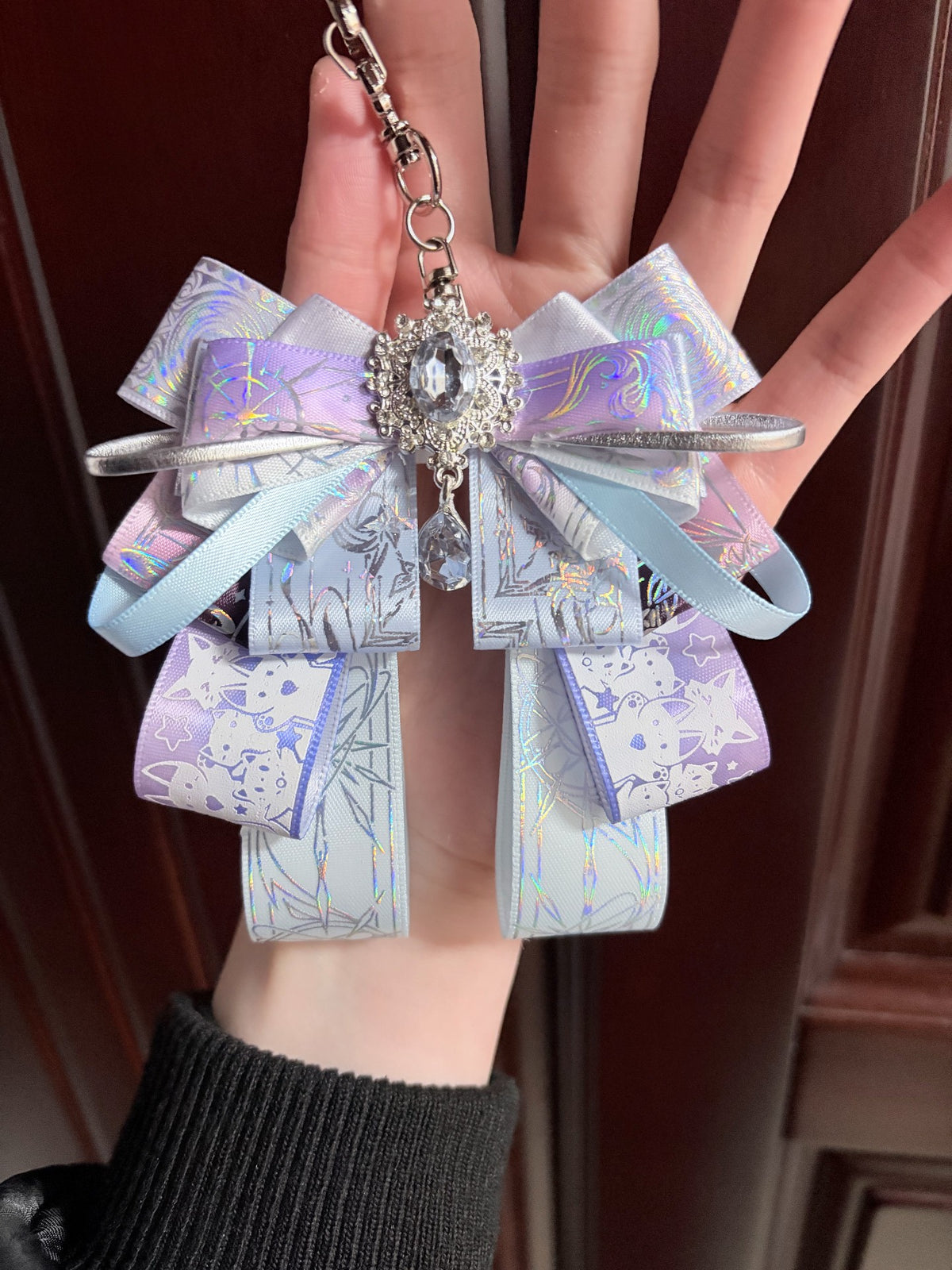 Blue Purple Bow Keychain with Gemstone