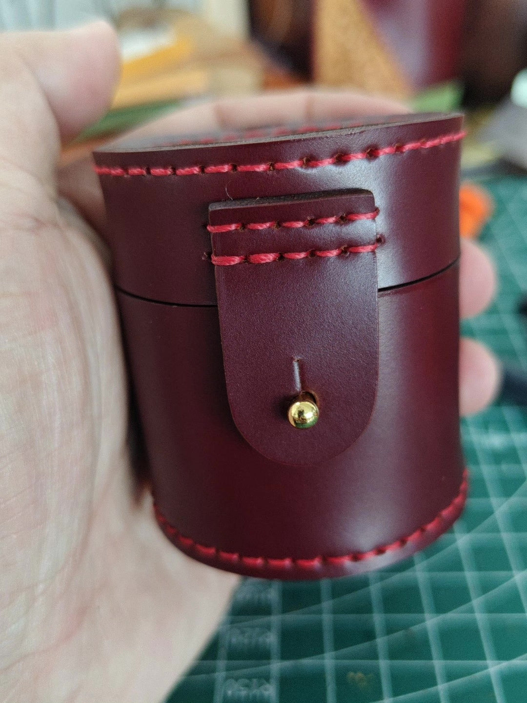 Handcrafted Leather Cylinder Jewelry Storage Box