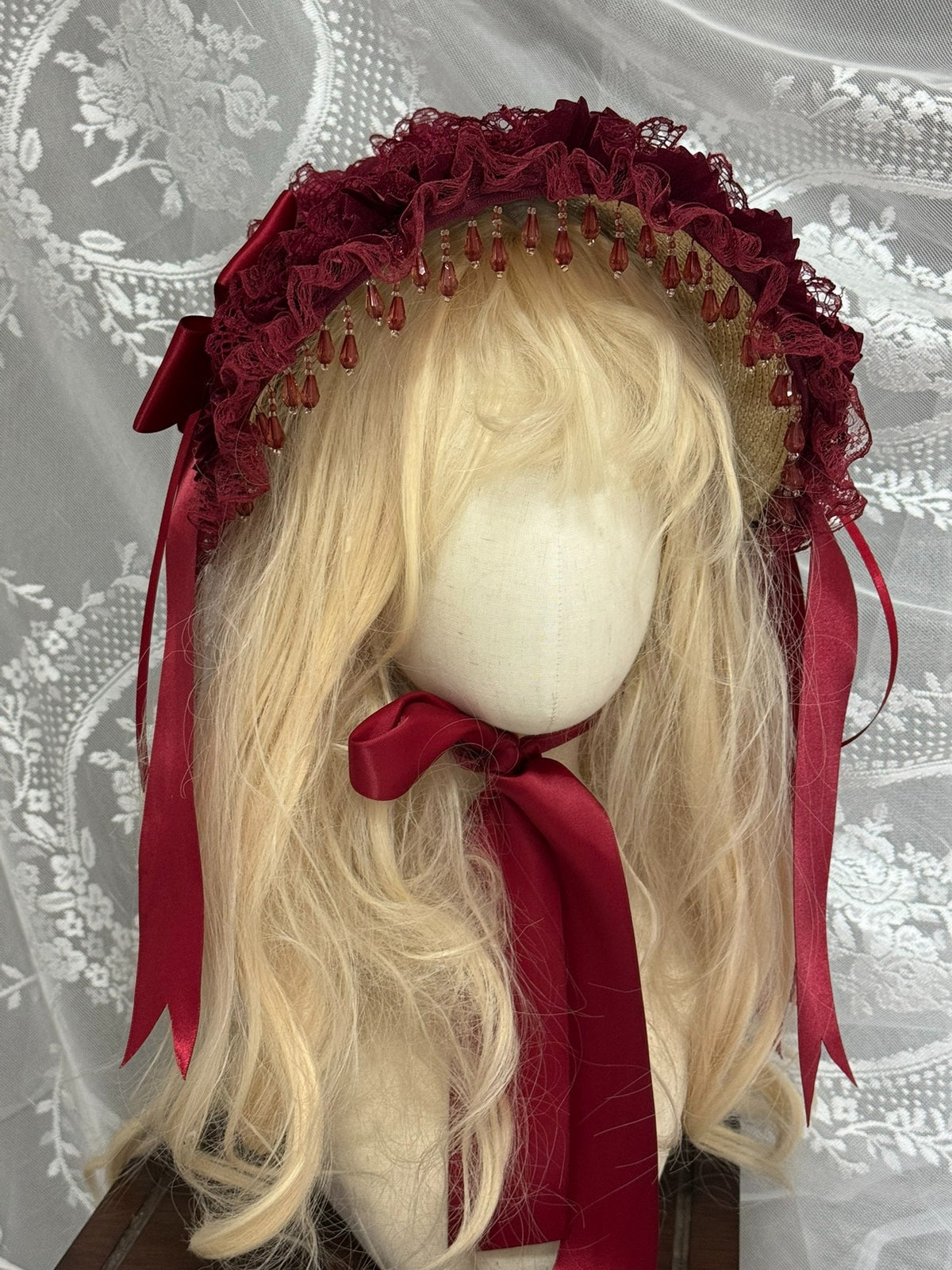 Wine Red Lolita Bonnet with Satin Bow