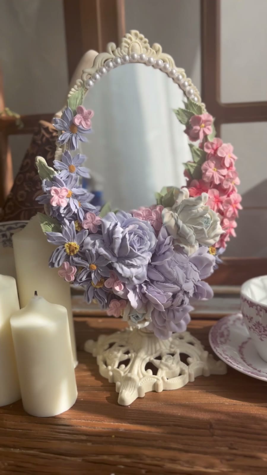Handcrafted Clay Flower Oval Mirror