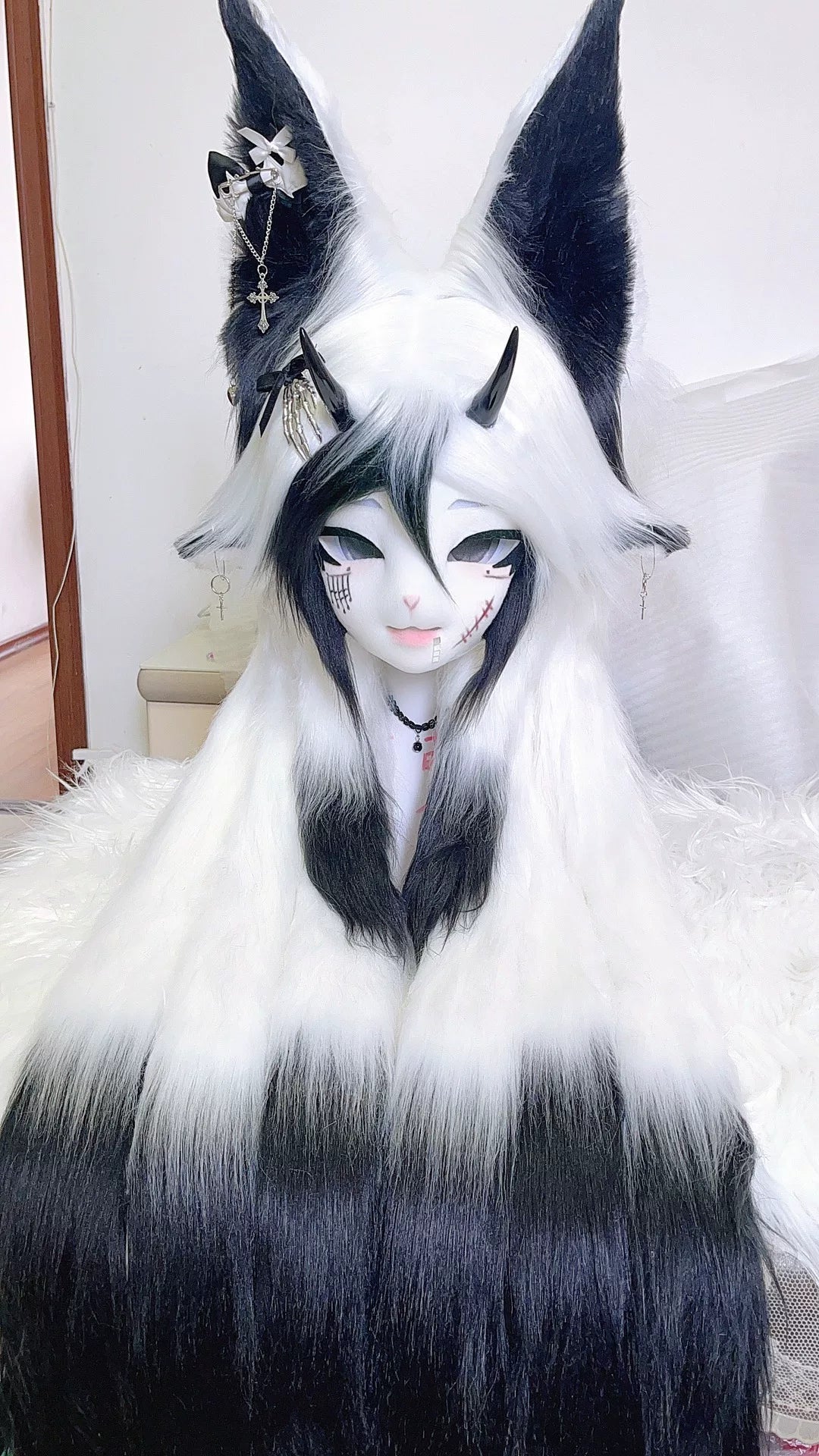 Furry Beast Head Cowl Zwart-wit Vacht
