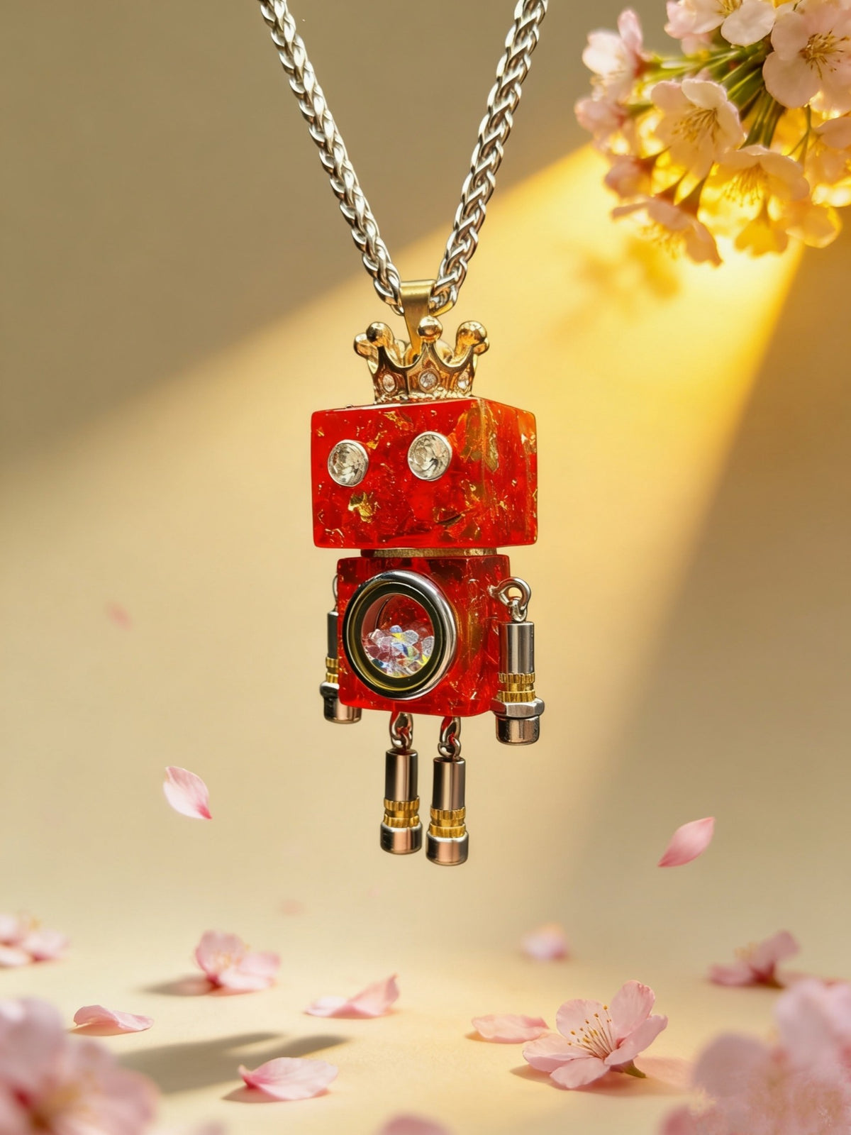 Red Resin Robot Crown Pendant Necklace
