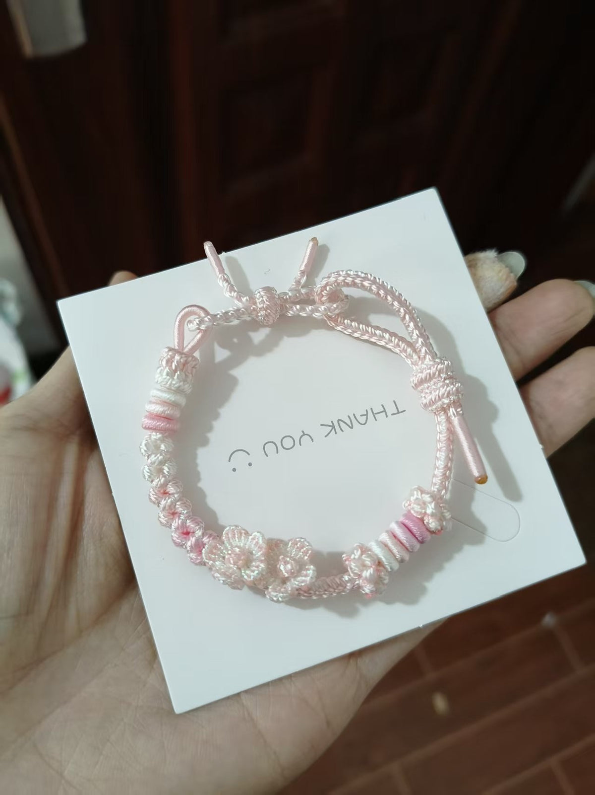Handwoven Pink White Gradient Flower Bracelet
