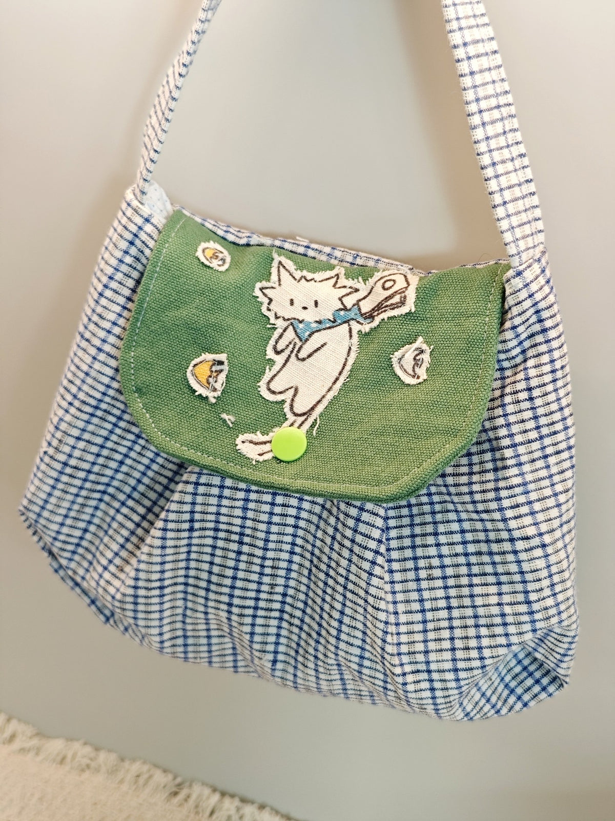 Handmade Checkered Fabric Bag with Cat Flap