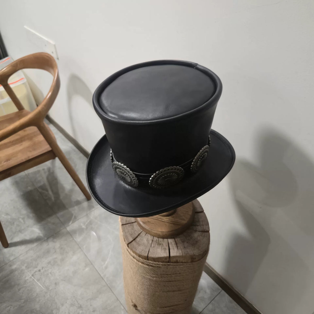 Black Leather Slash Top Hat