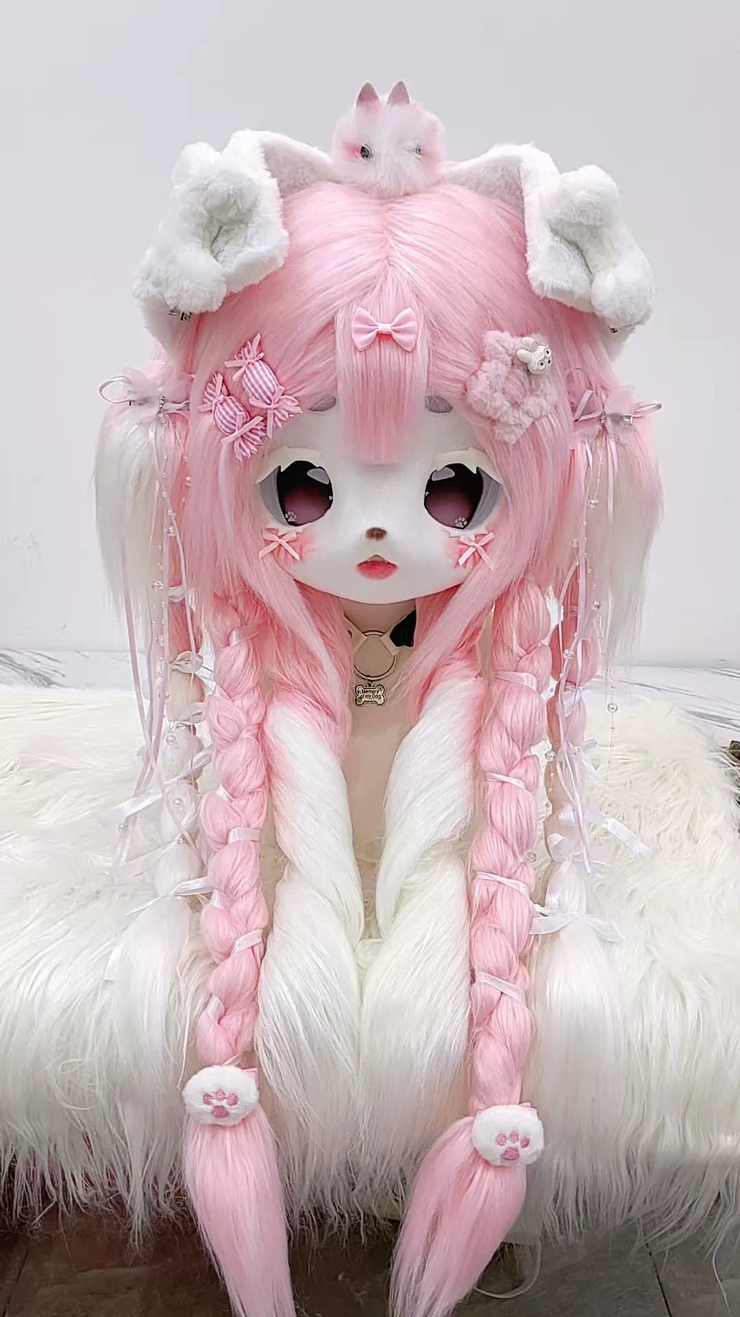 Acessório de Cosplay de Animal Branco Feito à Mão com Peruca Trançada Rosa