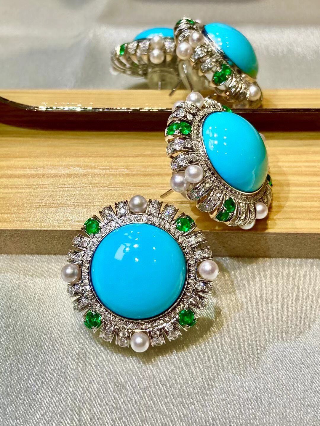 Victorian Turquoise, Emerald, Pearl, and Diamond Stud Earrings, 18K Gold, 28.8mm