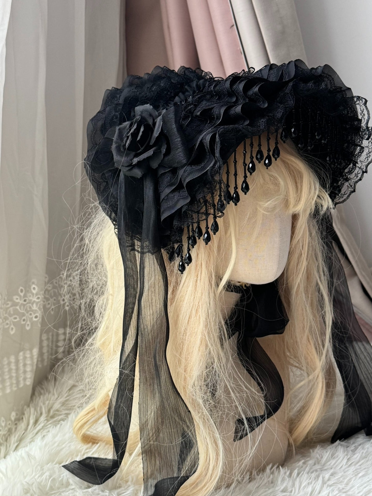 Gothic Lolita Widow Hat with Black Pearl Tassels