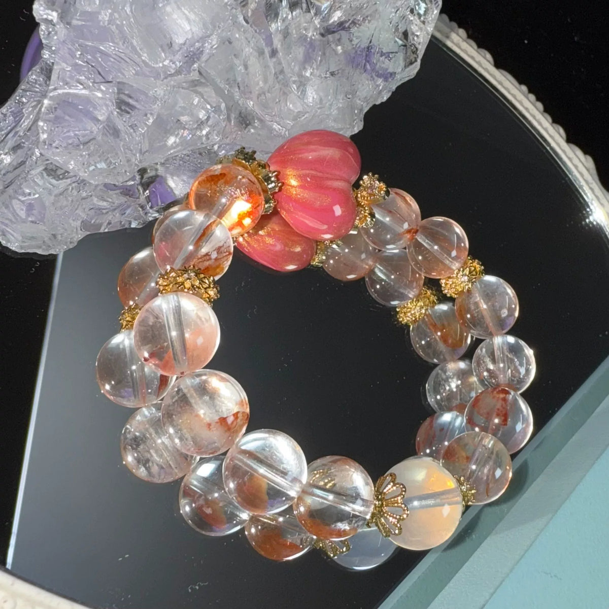 Natuurlijke kristallen kralenarmband met roze hart