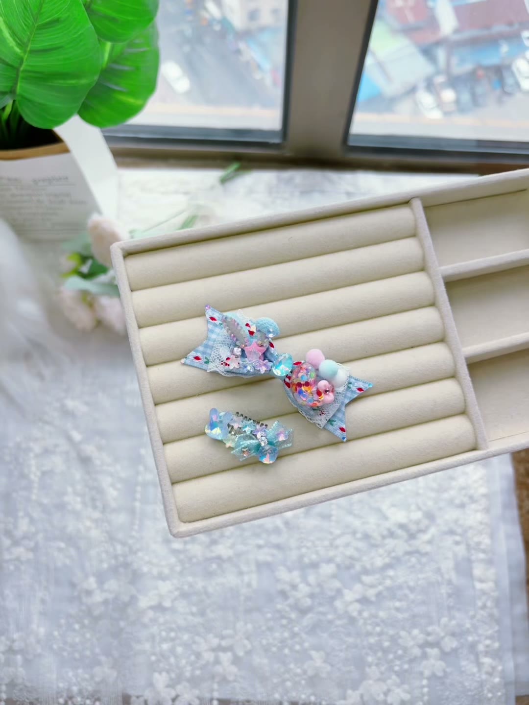 Handcrafted Blue Pet Hair Bow Clip Set
