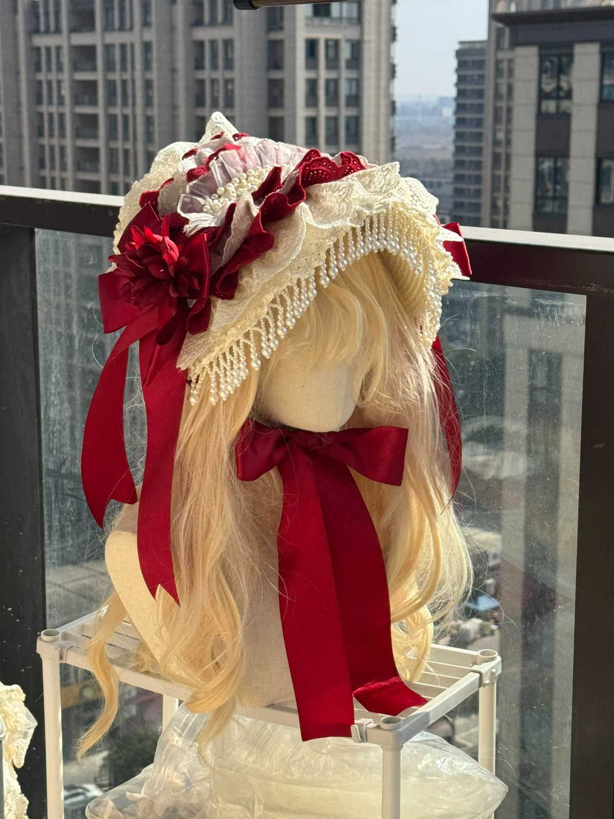 Handmade Lolita Bonnet Red Lace Straw Hat
