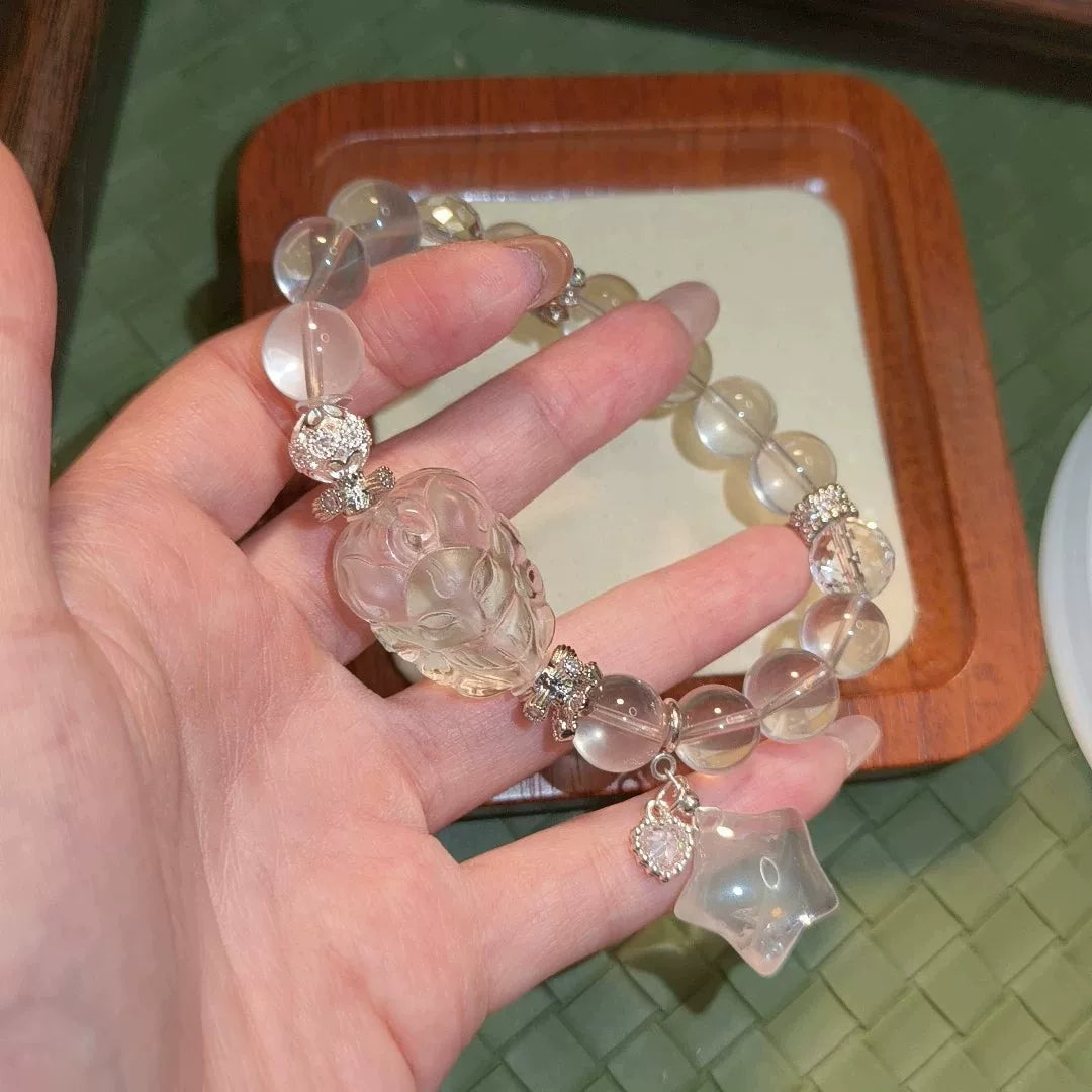 Bracelet en perles de quartz fumé et cristal, renard sculpté