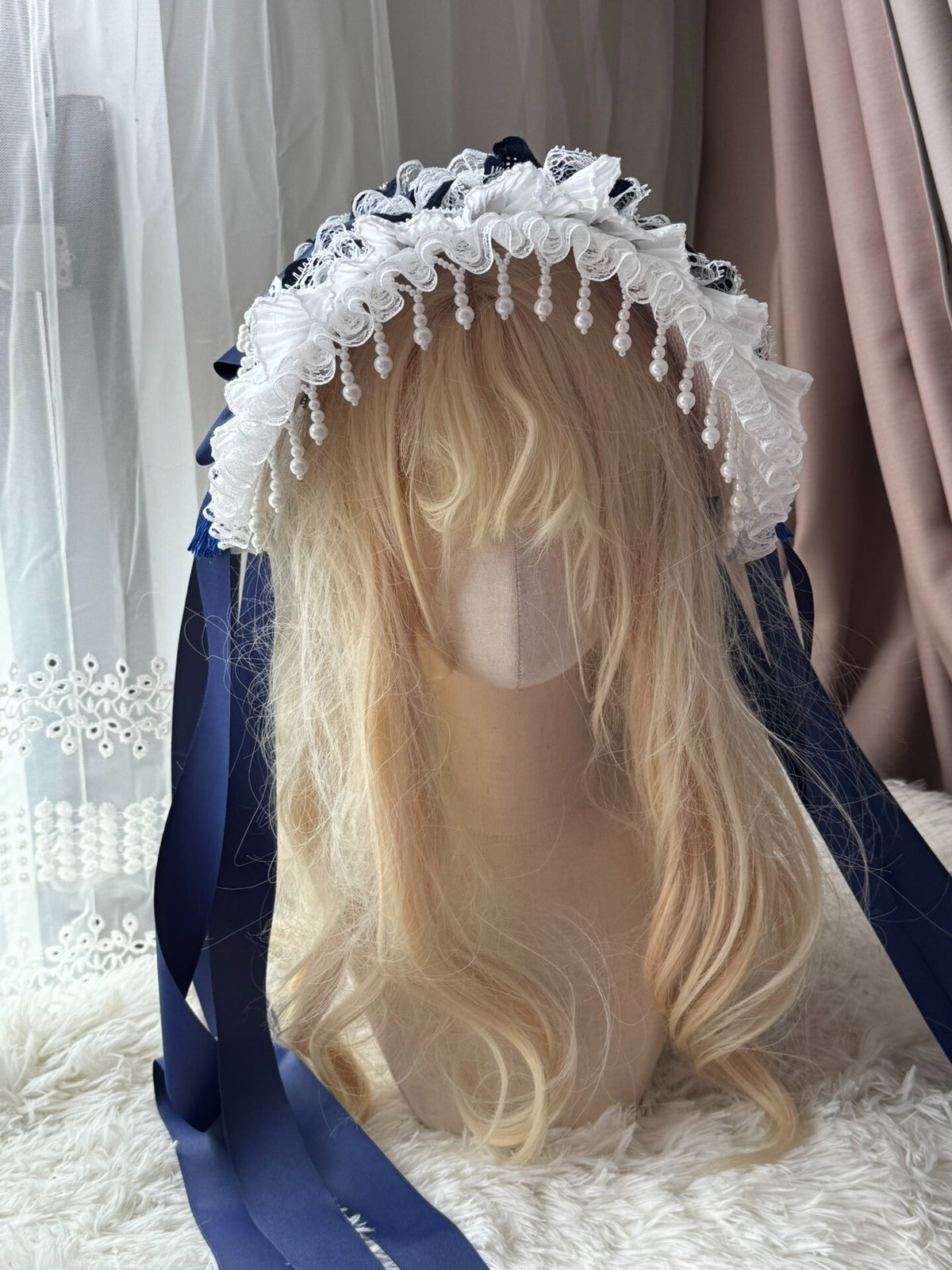 Navy Pearl Lace Lolita Bonnet Hat Base