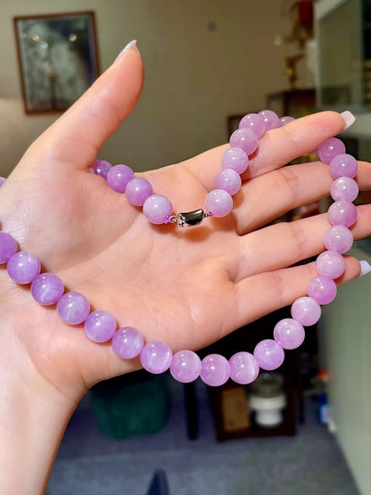 Purple Kunzite Beaded Necklace, 10.2-11mm Spherical Beads, Silver Clasp