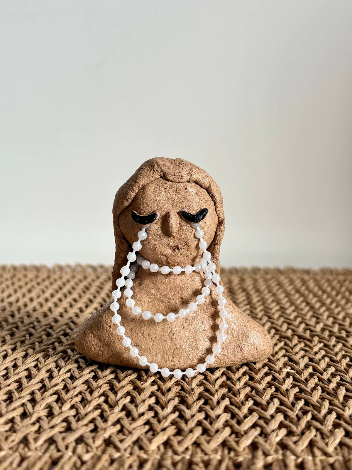 Handmade Textured Beige Figurine with Pearl Beads