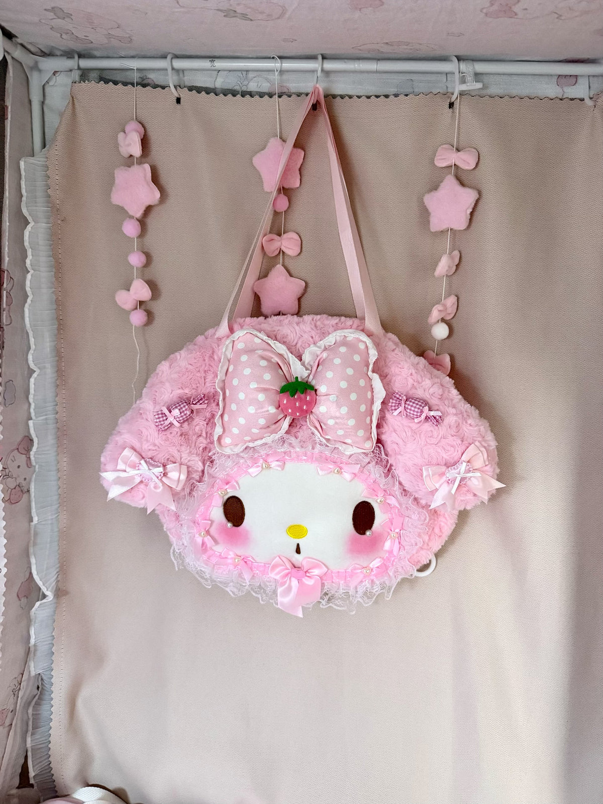 Pink Faux Fur Plush Bow Face Bag