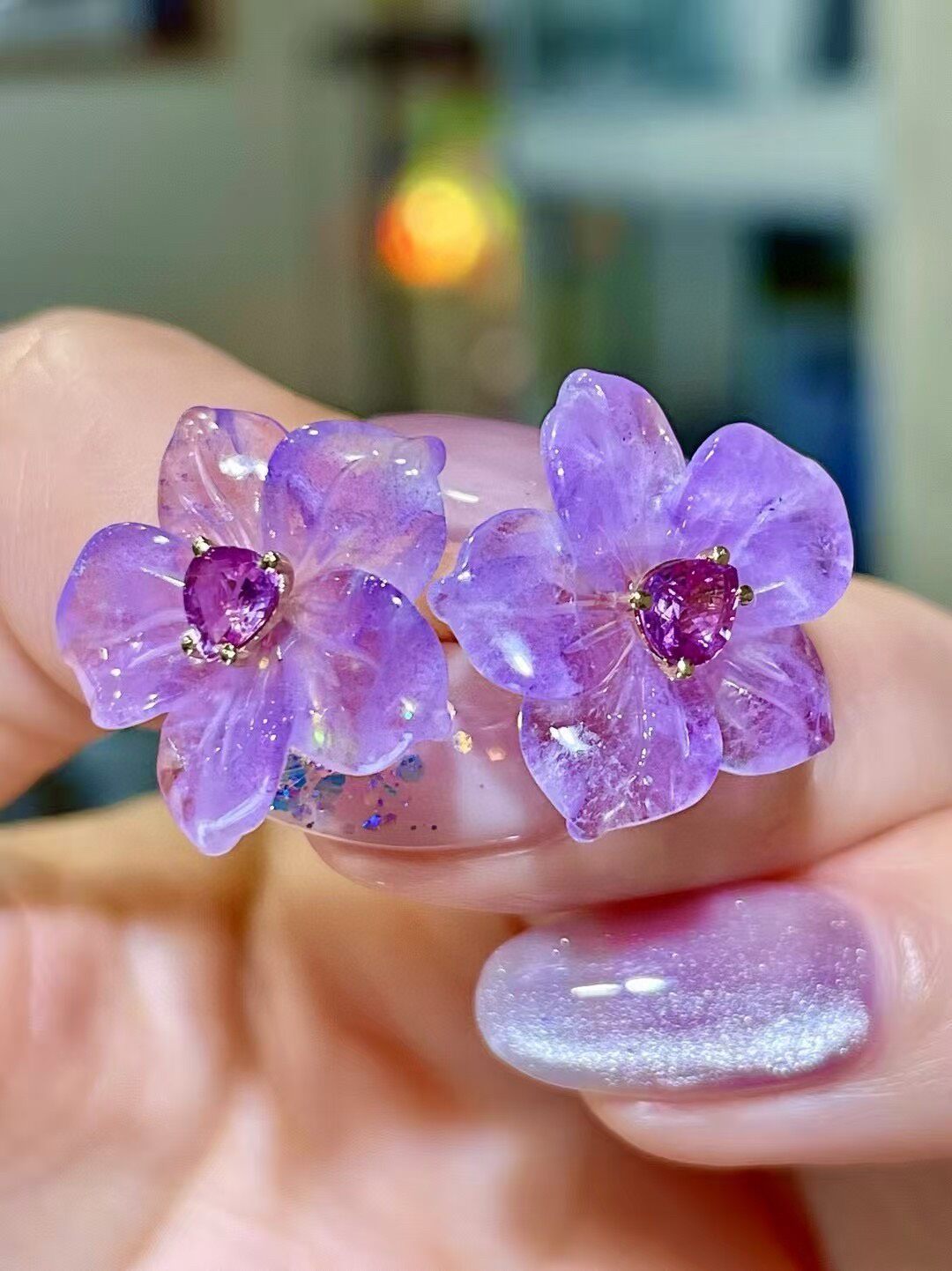 Amethyst Floral Stud Earrings with Pink Sapphire Center in 18K Gold