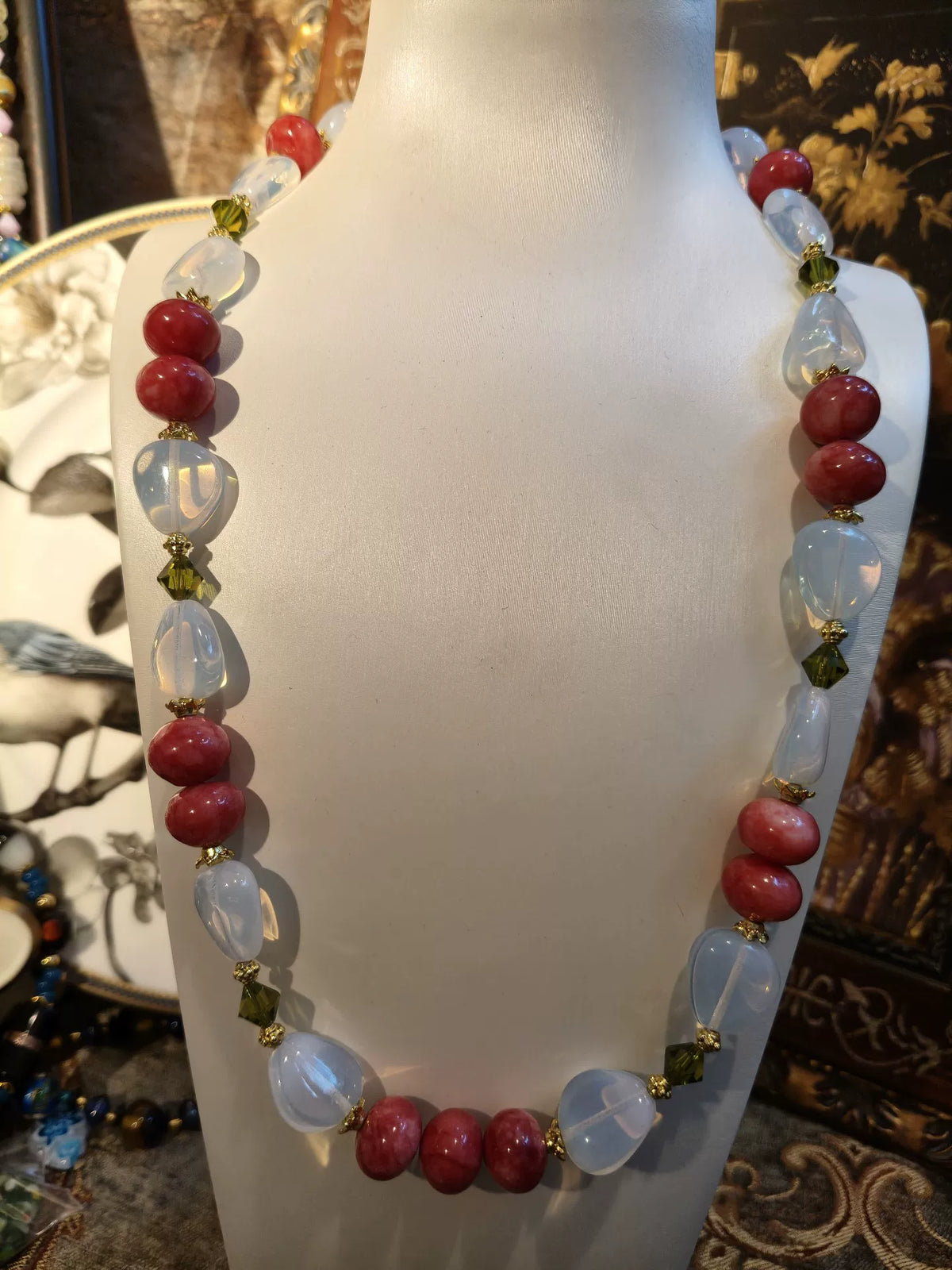 Pink and White Czech Glass Statement Necklace