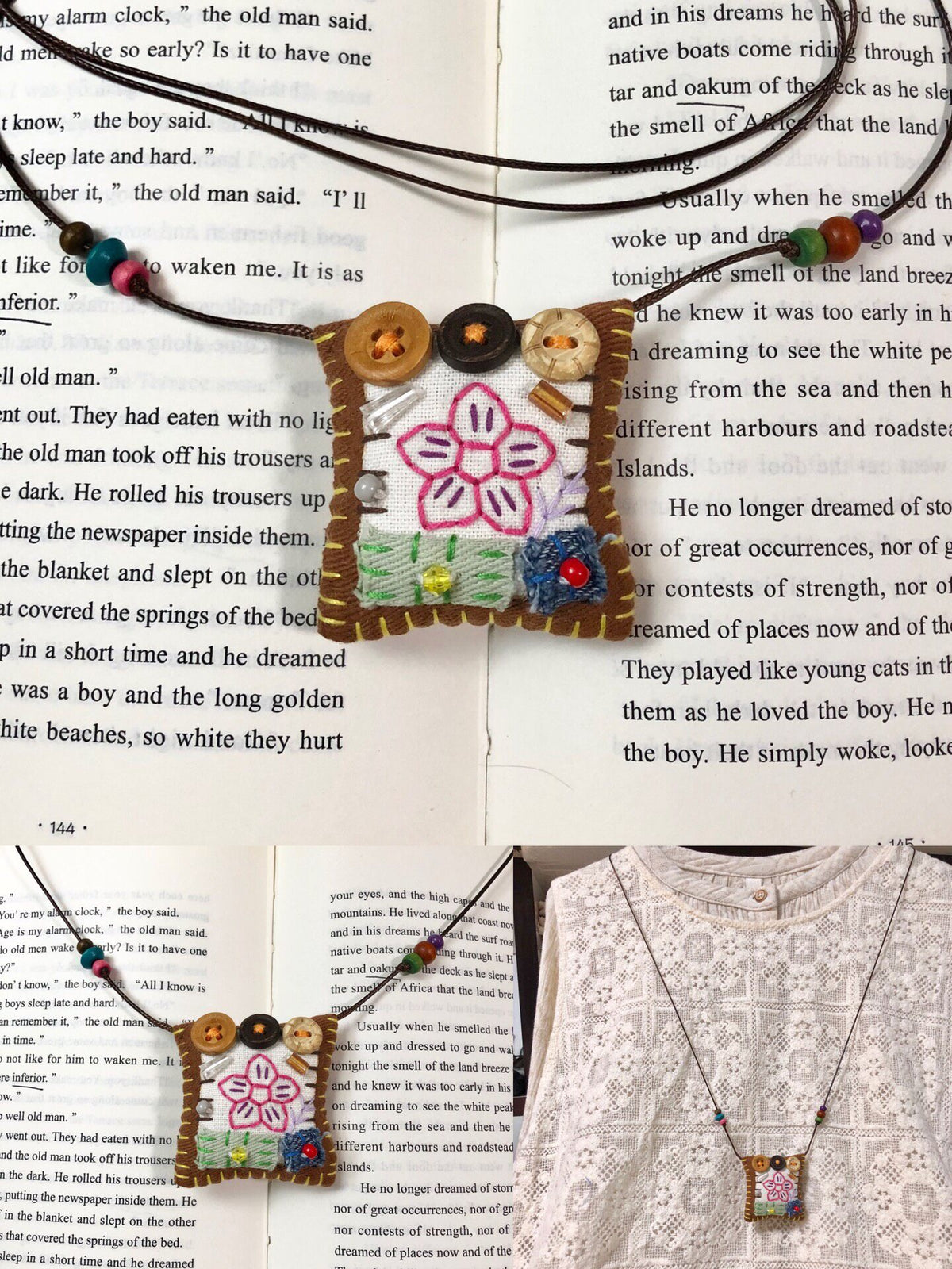 Handmade Flower Pendant Necklace with Wooden Beads
