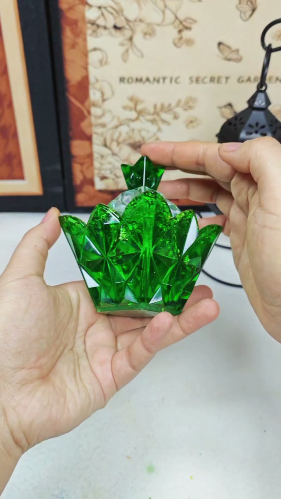 Emerald Green Resin Lotus Trinket Dish with Lid