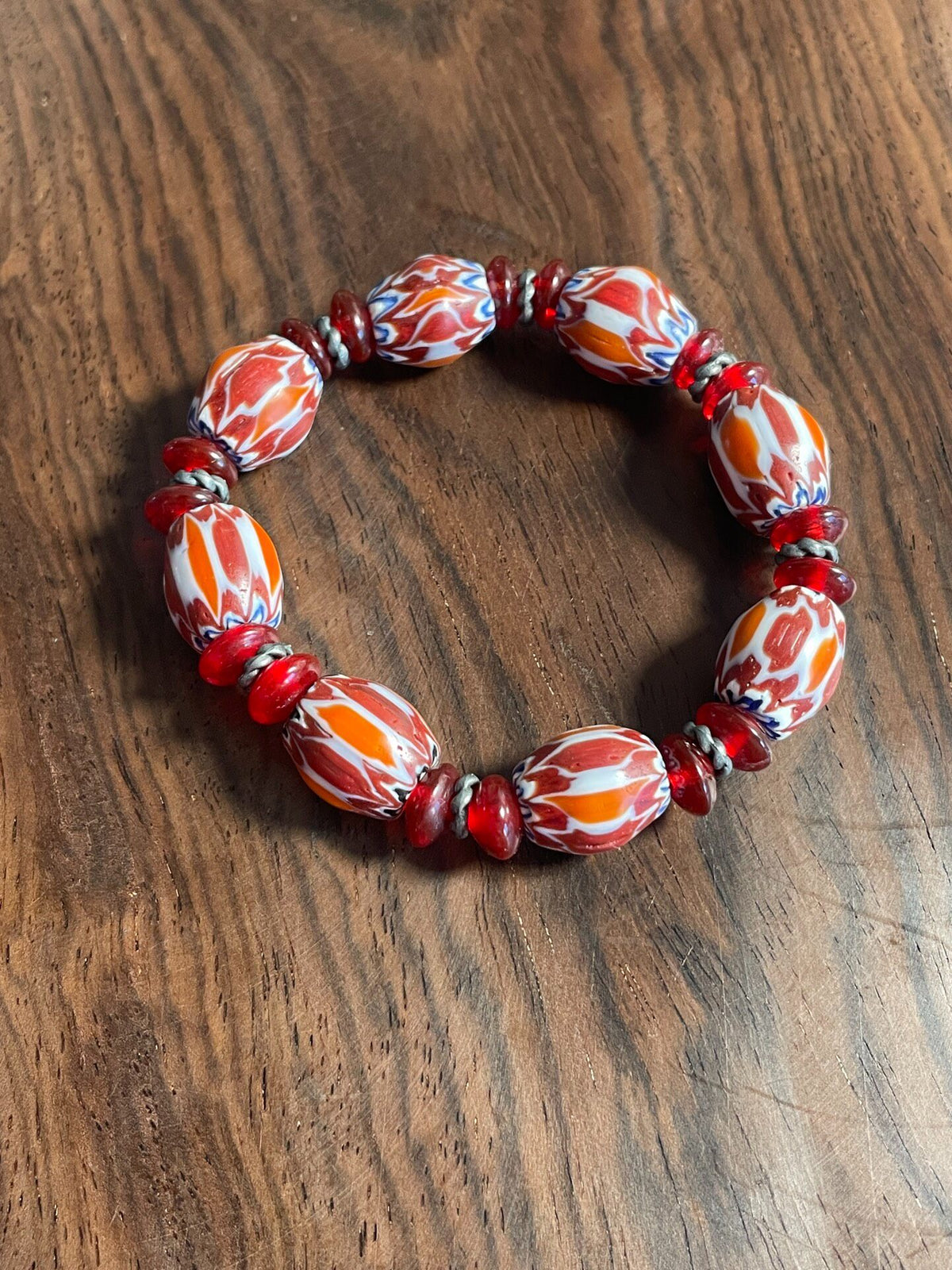 Handmade Glass Beaded Bracelet Red Orange Marbled