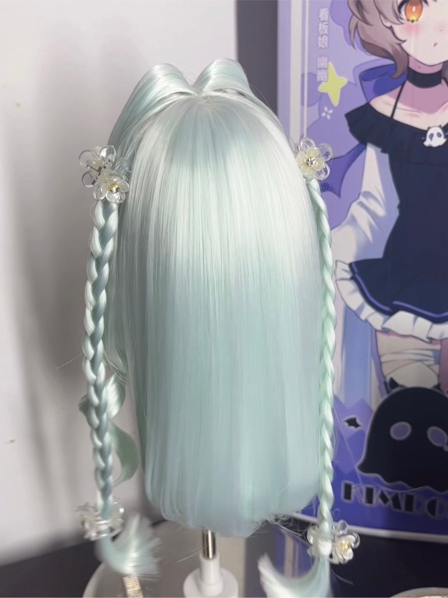 Mint Green Hime Cut Doll Wig with Braids